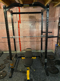 Powertec squat rack, multi-position bench, lat-pull down