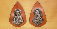 Pair mcm wood metal pewter plaque Jesus Mary religious Neilson