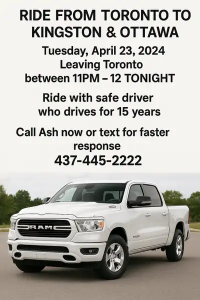  RIDE OFFER: Toronto → Kingston & Ottawa 10-07-2025, View more