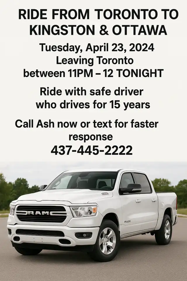  RIDE OFFER: Toronto → Kingston & Ottawa 10-07-2025 in Rideshare in City of Toronto - Image 2