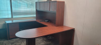 Office Furniture. 2 Cherry wrap around desk and 1 while table