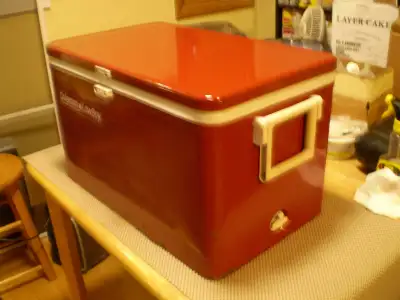 COLEMAN RED PAINTED STEEL COOLER- VINTAGE $60, View more