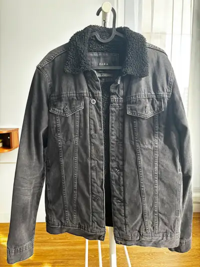 Zara Black Denim Jacket with Sherpa Collar, View more
