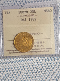 Solid gold 1882-R (Rome) Italy 20L RARE  Graded Gold Coin ICCS M