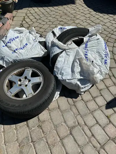 Selling a complete set of 4 OEM Pontiac alloy rims with Goodyear Integrity all-season tires. Details...