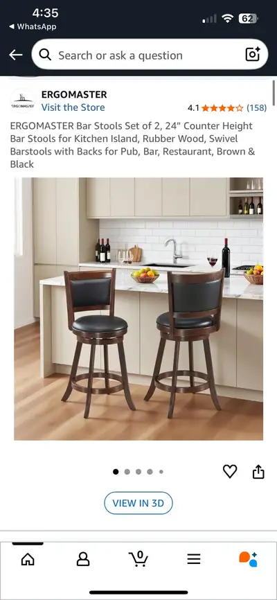 Brand new in box ERGOMASTER Bar Stools Set of 2, 24” Counter Height Bar Stools for Kitchen Island, R...