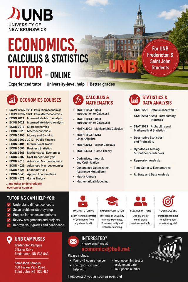 Best UNB ECONOMICS, CALCULUS & STATISTICS TUTOR