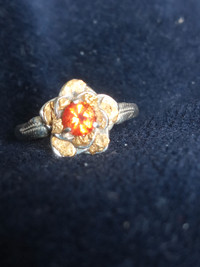 Silver Flower Ring With Gold Nugget Petals and Orange Sapphire 