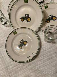 John Deere tractor, glasses and plates