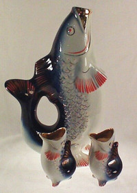 Vintage porcelain koi fish vodka decanter & shot glasses