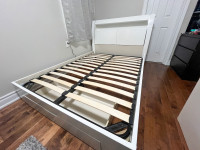 Full/Double White Platform Bed - LED Headboard Storage + Drawer