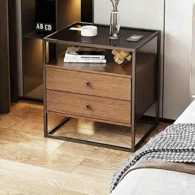 Modern Wood & Metal Nightstand Side Table w/ Glass Top & 2 Drawe, View more