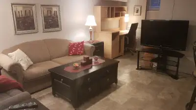 Everything included, Burlington, furnished one bedroom+den apartment. Close to buses, "Go", shopping...