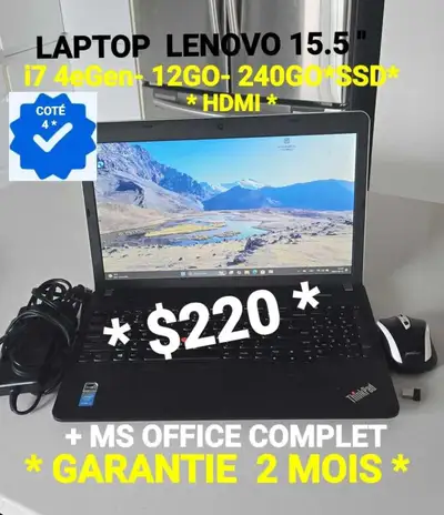 LAPTOP LENOVO 15.5"- i7 4eGen- 12GO- 240GO+ HDMI, View more