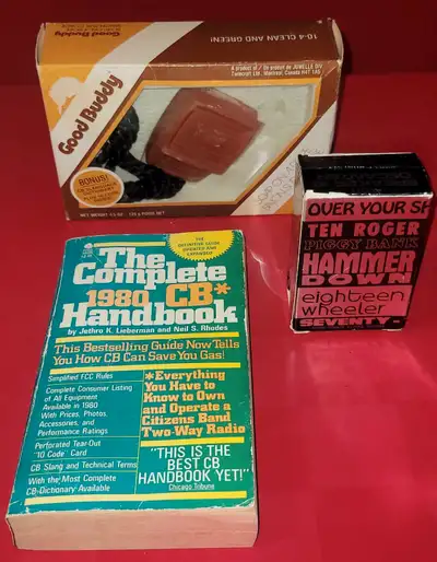 CB Radio novelty item lot. Includes "The Complete CB Handbook (1980)", "Good Buddy" microphone soap-...