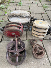 Lot of Cast Iron, Wood and Nautical Pulleys. Barn Wooden Pulley