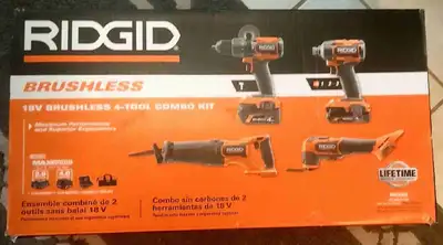 Rigid 4pcs tool combo set, Brand new in Box unopened. 18v Brushless combo kit, includes all essentia...
