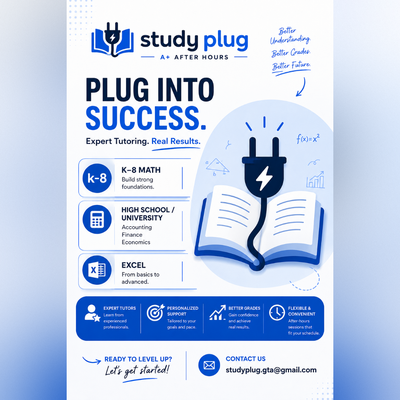 Study Plug - Expert Tutoring | k-8 Math | Business | Excel, View more