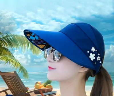 women’s sun hat, navy with floral embroidery, new, View more