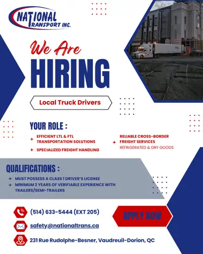 Now Hiring Class 1 Local Drivers - Vaudreuil-Dorion/Montréal, View more