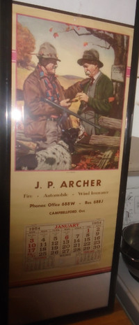 Vintage Calendar  Hunting 1954  JP Archer Campbellford Ont