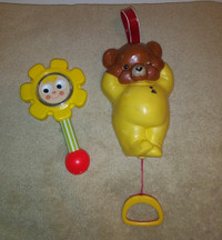 2 Vtg Fisher Price Baby Toys,Flower Rattle, Teddy Bear Music Box