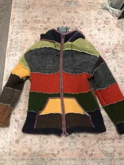 Selling a good used condition size large ‘Laundromat’ brand ‘Patchwork’ wool sweater jacket made in...