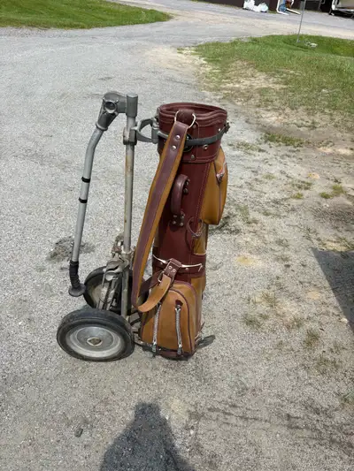 Leather golf bag and push cart, View more
