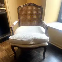 Solid Wood Armchair with Canned Backing / White Upholstery