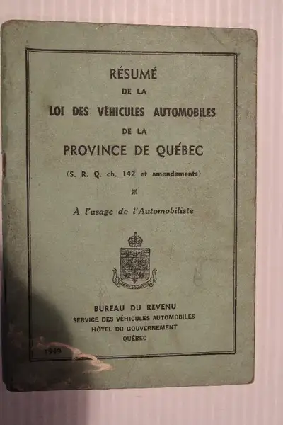 Vintage Résumé Loi Véhicules autos Province Québec 1949, View more