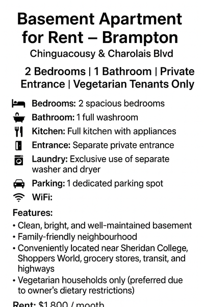 Basement Apartment for Rent – Brampton (Chinguacousy & Charolais Blvd) 2 Bedrooms | 1 Bathroom | Pri...