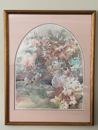 Picture abstract floral in gold wooden frame with triple matt.