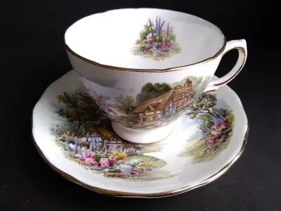 Royal Vale Bone China Country Cottage D463 Teacup and Saucer made in England by Ridgway Potteries Lt...