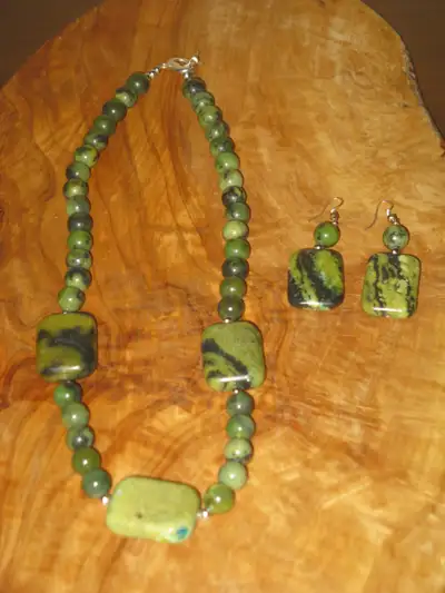 Chunky Handmade Green Serpentine Jasper Necklace and Earrings, View more