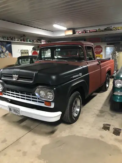 1958 ford short box custom cab big back window 292 auto ps pb disc brakes rust free needs paint many...
