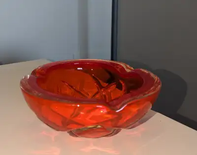 Chalet Lorraine smooth groove orange art glass ashtray or catchall Mint condition, no cracks, no scr...