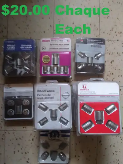 Antivols pour roues, Honda, Nissan, Subaru, Acura, Mitsubishi, Mopar et McGard, $20.00 chacun, livra...