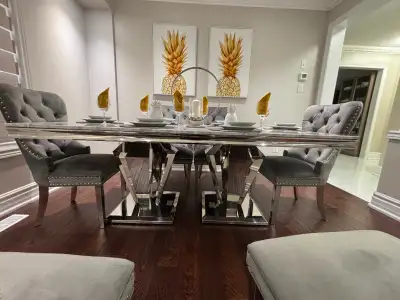 Marble steel Dinning table with steel chairs, View more