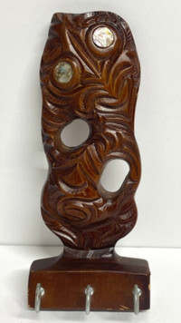 Vintage Maori tiki wood carving wall hook with abalone eyes