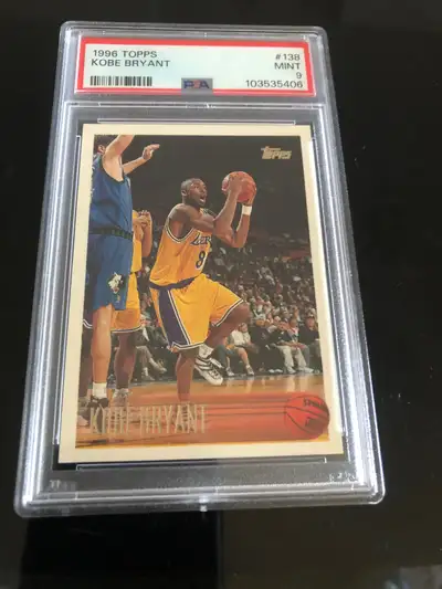 1996 Topps Kobe Bryant rookie card graded PSA mint 9 condition, View more