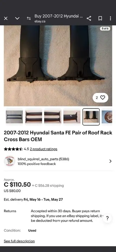These are the OEM roof rack cross bars for a Hyundai Santa Fe. Compatible with models from 2007-2012...