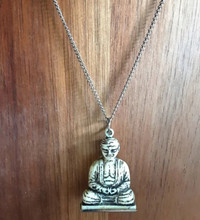 3-D Buddha Necklace Faux Yak Bone Resin Silvertone Chain 18"