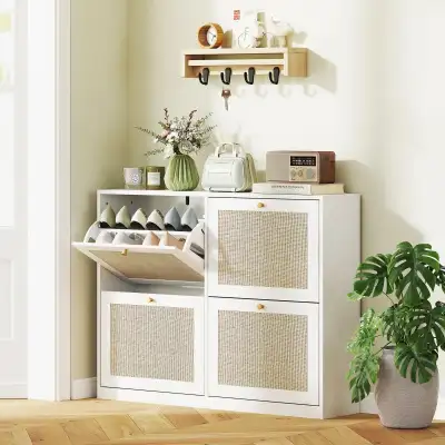 4 flip doors narrow Shoe Storage Cabinet Rattan Shoe Cabinet  , View more