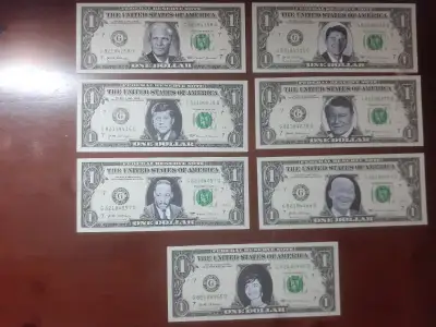 7 billets USA Fédéral Réserve $ 1.00 copies - Jacqueline Kennedy - John Wayne - Eisenhower - John F....