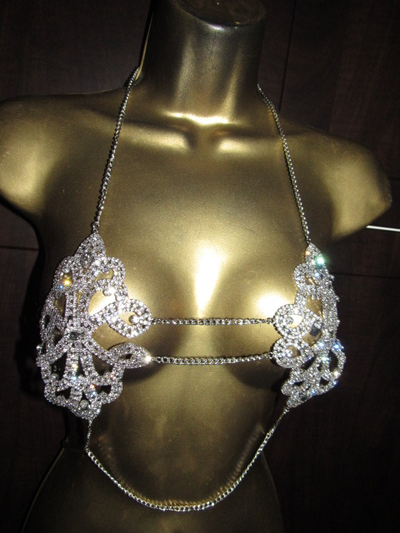Sexy bra with gemstone rhinestone chain punk rock top one size, View more