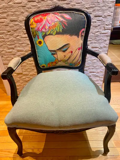 One of a kind accent chair with art, View more