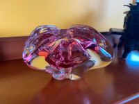 Vintage MCM Pink Chalet Glass Art Ashtray Stretched Glass Art