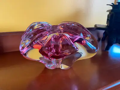 Vintage MCM Pink Chalet Glass Art Ashtray Stretched Glass Art Sculpture. This is 5" tall x 7" x7", m...