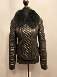 RUDSAK Down-Filled Leather Jacket with Fur Collar, size S