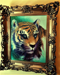 antique peinture tableau cadre  d`un tigre  signe 1700 1800